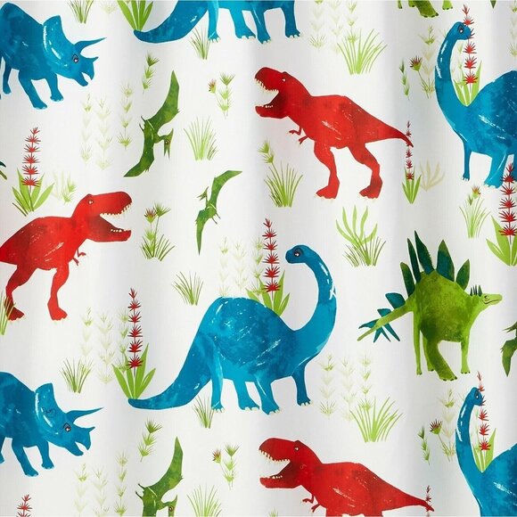 Dinosaurs Fabric Shower Curtain Brontosaurus Plants Bath Green Blue Red NWT - Picture 2 of 3